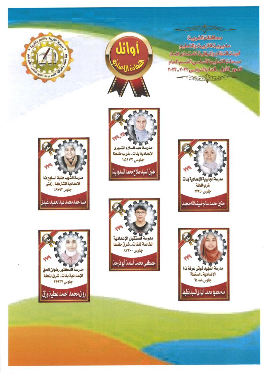 إعلان أسماء الطلاب الأوائل في الشهادة الإعدادية بالغربية